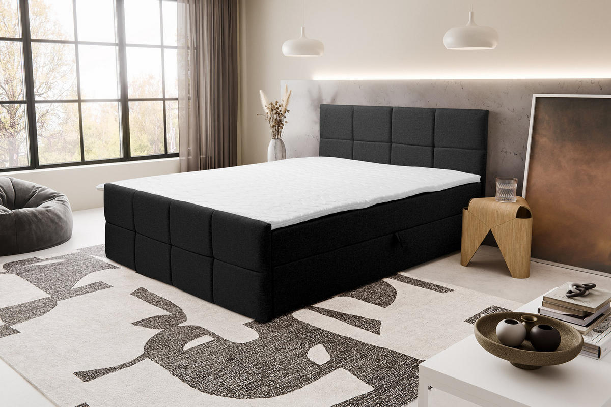 BOXBETT DORIS mit 2 Bettkästen, 180x200, Farbe: Schwarz, Velourstoff, mit Bonell-Matratze inkl. Topper - Schwarz, Holz/Kunststoff (180/200cm) - VENASI MÖBEL