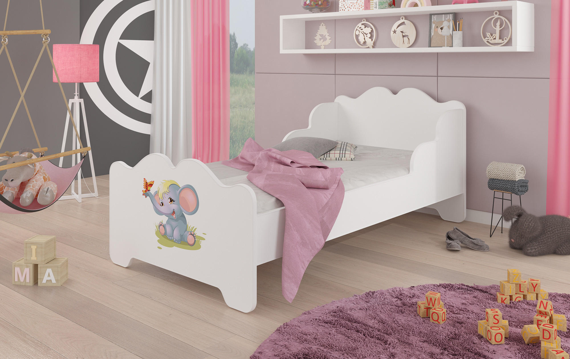 KINDERBETT Ximena 164 / 88 / 63cm weiß / Motiv Elefant - Weiß/Hellblau, Holz/Holzwerkstoff (80/160cm) - Feldmann-Wohnen