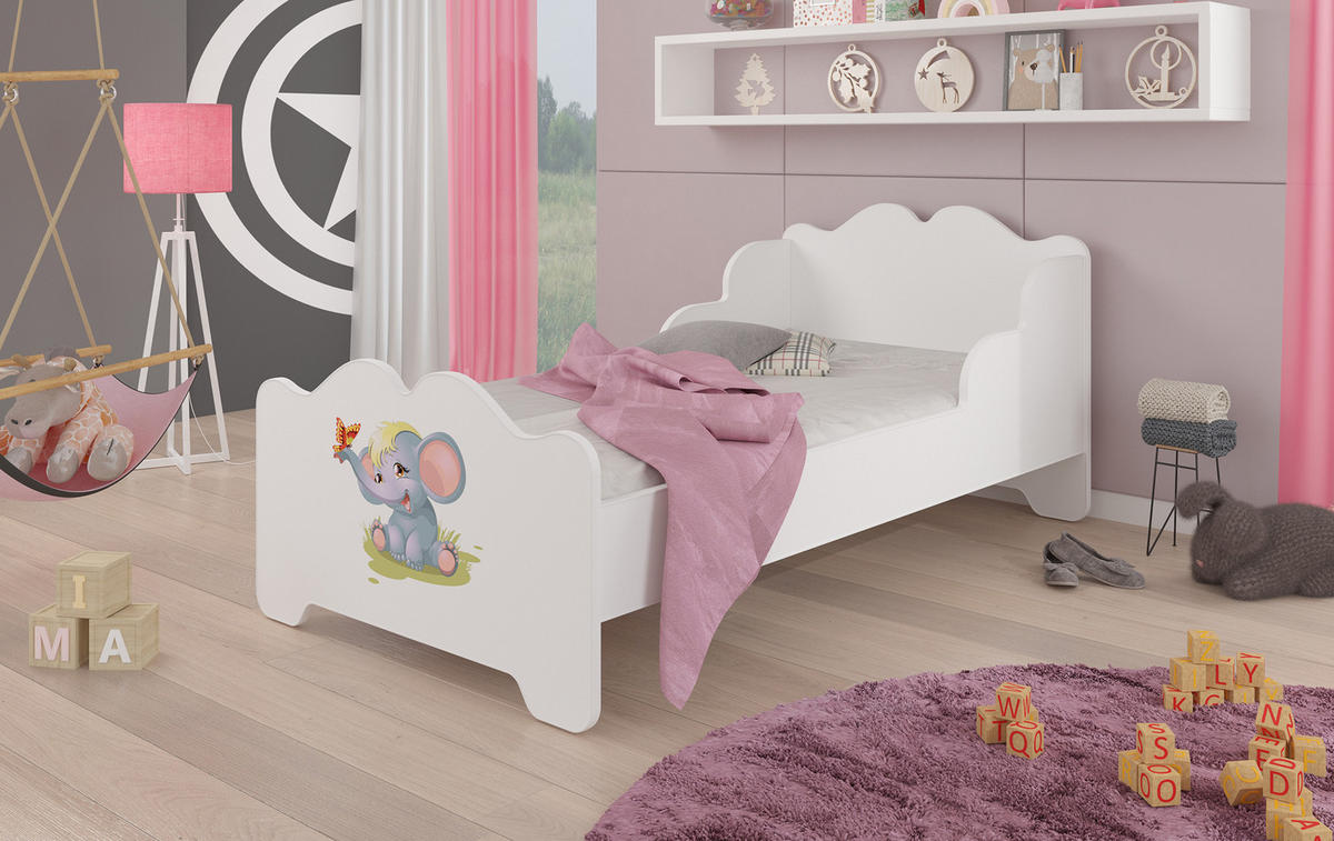 KINDERBETT Ximena 164 / 88 / 63cm weiß / Motiv Elefant - Weiß/Hellblau, Holz/Holzwerkstoff (80/160cm) - Feldmann-Wohnen