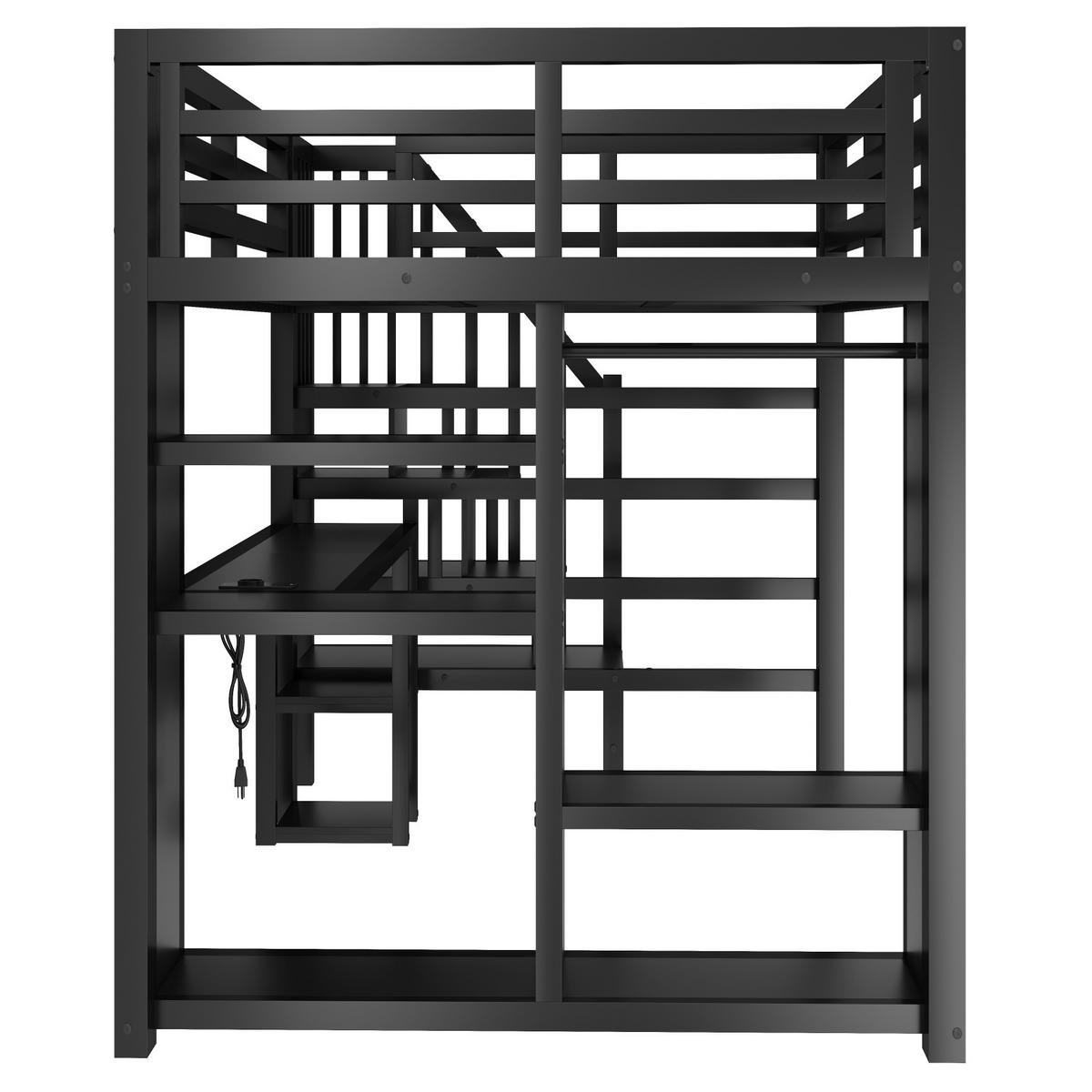 HOCHBETT 140/200 cm in Schwarz mit Schreibtisch, Treppe, Stauraum, LED und offenem Kleiderschrank aus Metall - Schwarz, Metall (140/200cm) - STILVORA