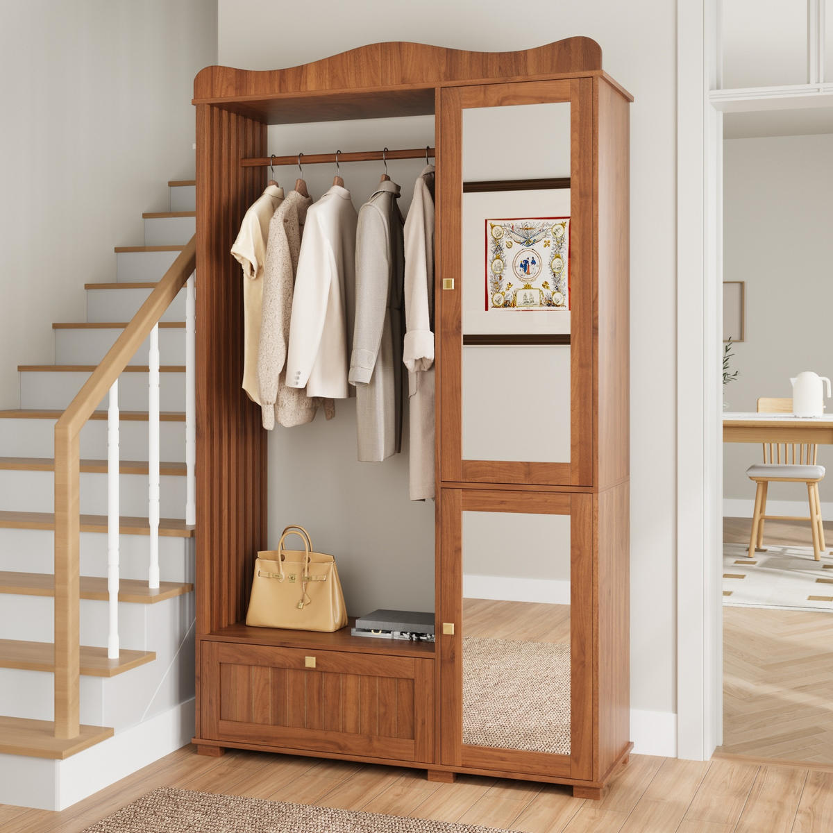 GARDEROBENSCHRANK Spiegel Kleiderstange Schublade - Nussbaumfarben, Holz (115.5/194.5/38.5cm) - LEBENLANG