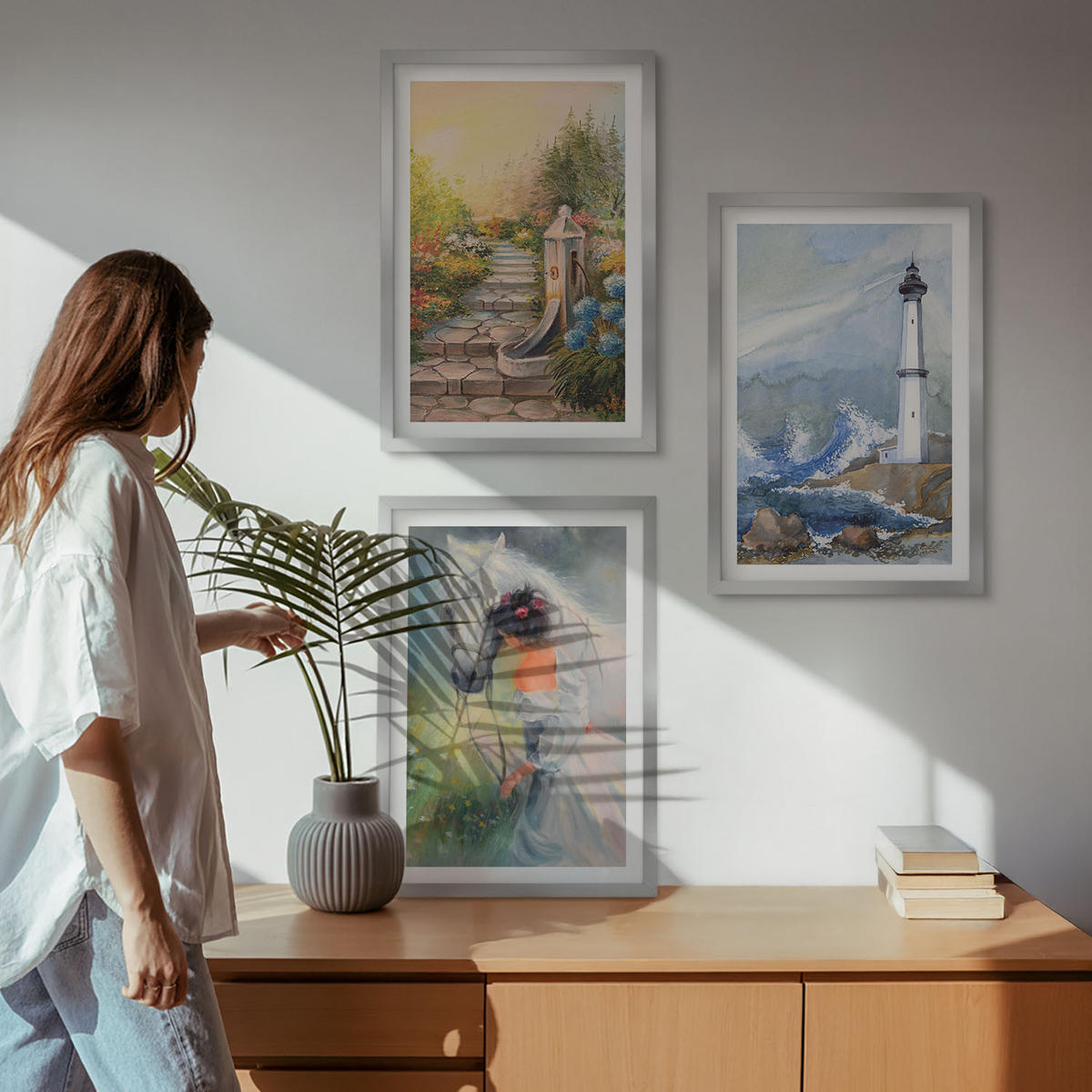 BILDER SET 3er Set - 40x60 cm Silberner Rahmen - Landschaft Leuchtturm Pferd Mädchen - Silberfarben, Kunststoff (40/60cm) - TULUP