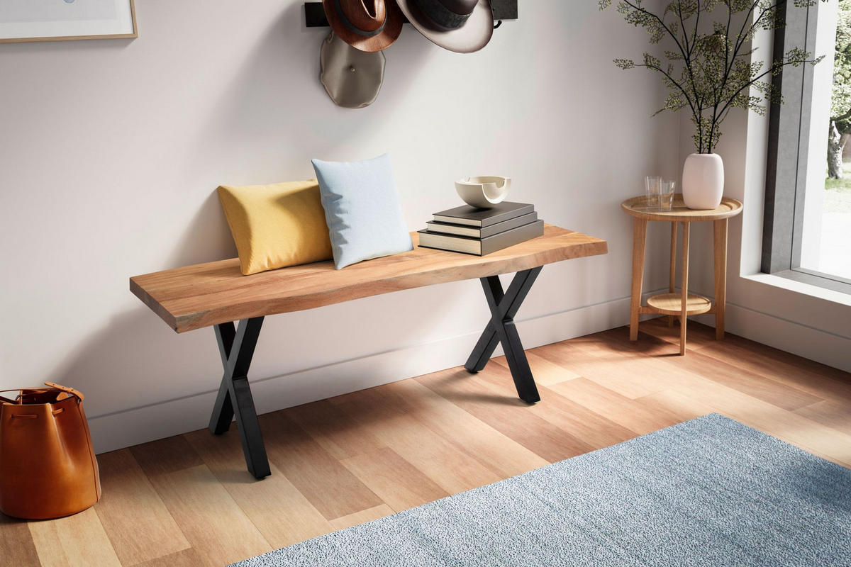 SITZBANK – Akazie/Massivholz/Metall, 120x40x45,5 cm, Baumkante, ohne Lehne - Schwarz/Braun, Holz/Metall (120/46/40cm) - KADIMA DESIGN