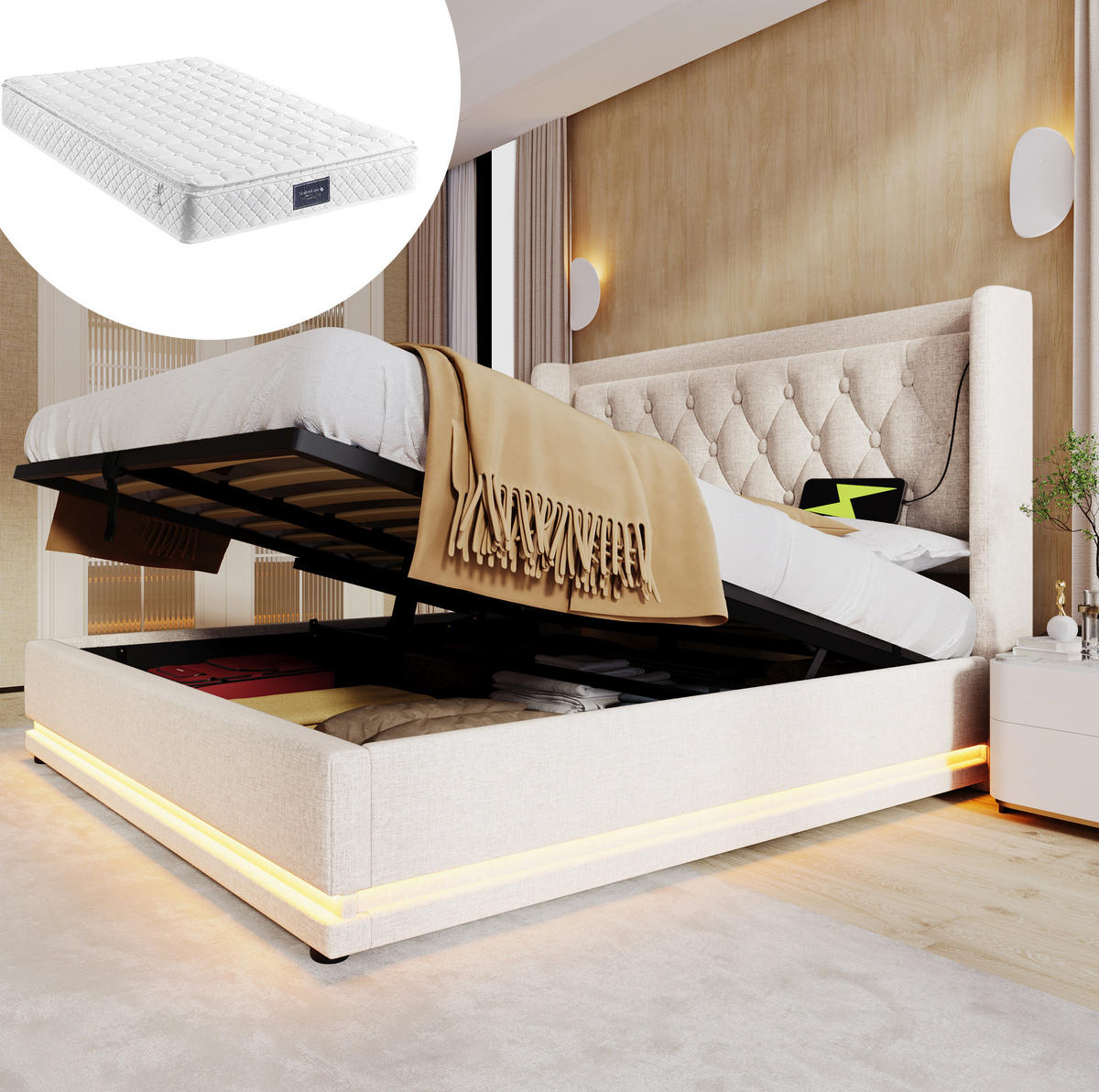 POLSTERBETT 140/200 cm mit LED-Beleuchtung, USB-C, hydraulischem Bettkasten und Matratze, Baumwolle, Beige - Beige, Textil (140/200cm) - Redom