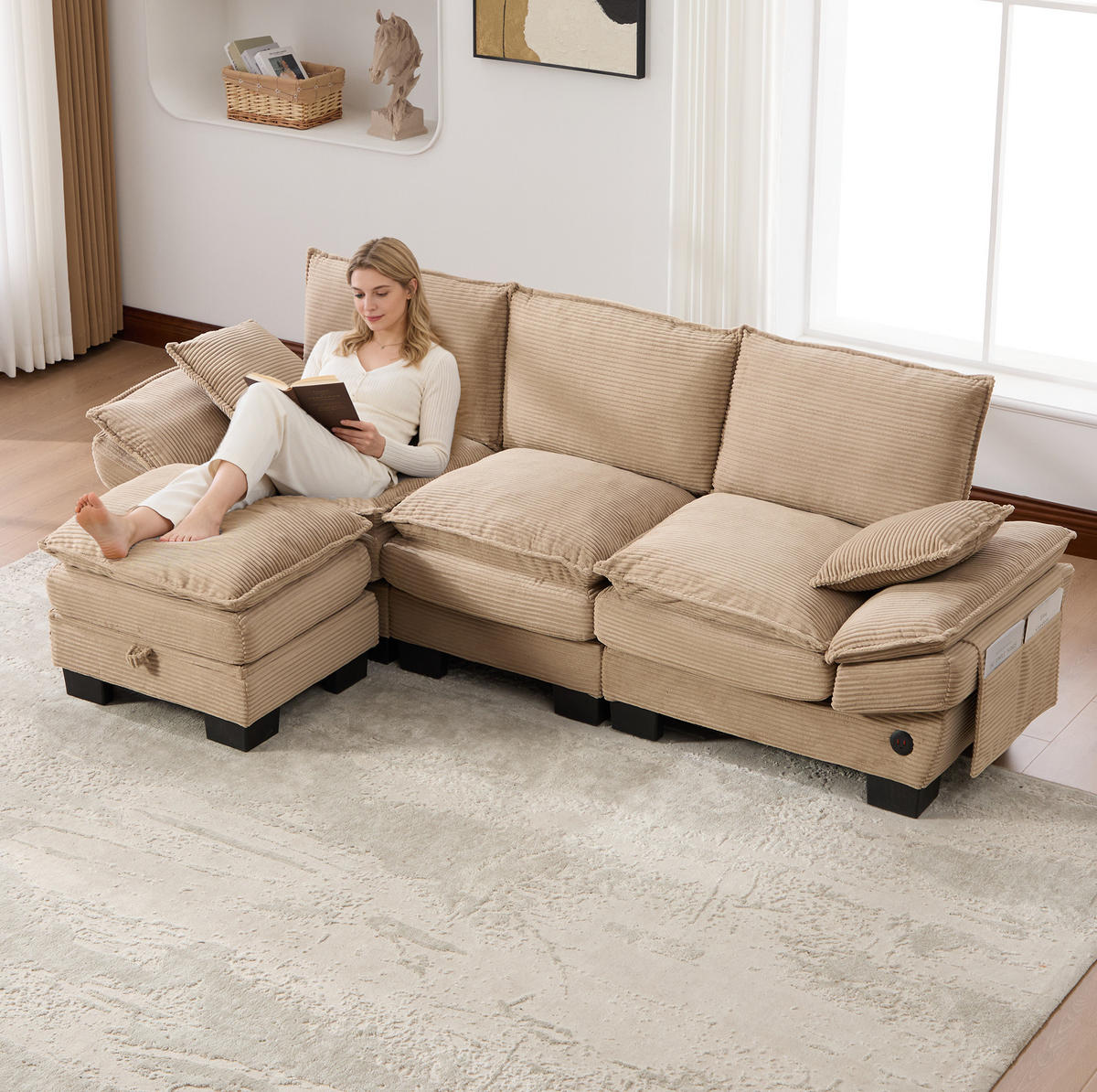 MODULÁRNÍ 3místná pohovka z manšestru 260x132x84 cm khaki s taburetem, USB-C portem a bočními kapsami - béžová, textil (132/260cm) - Modfu