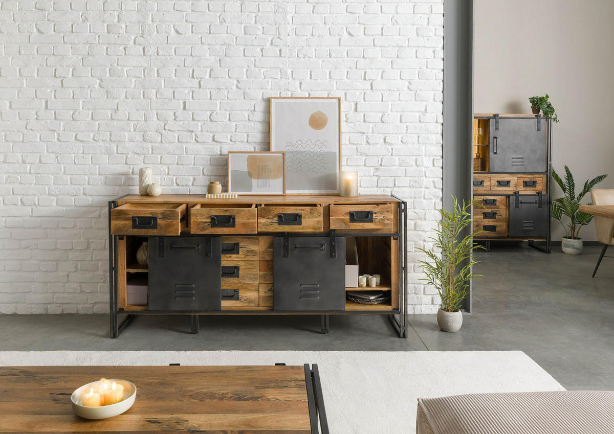 SIDEBOARD Mango 195x45x90 natur lackiert / Metall grau BLACKBURN #309 - Braun, Holz (195/90/45cm) - Massivmoebel24