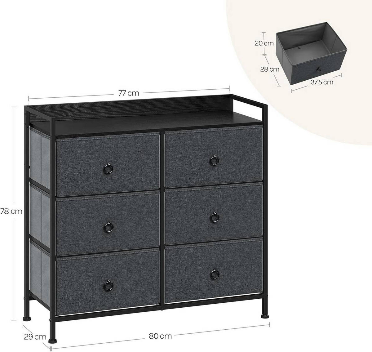 KOMMODE mit 6 Schubladen, Industrial Stil, Dunkelgrau - Dunkelgrau/Schwarz, Holzwerkstoff/Kunststoff (80/78/29cm) - Woltu