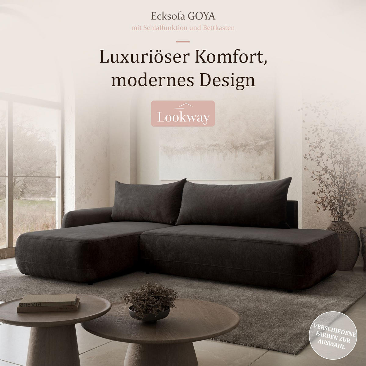 ECKSOFA GOYA mit Schlaffunktion und Bettkasten, Linke, Perfect Harmony 90 - Graphitfarben, Textil (184/302cm) - Lookway