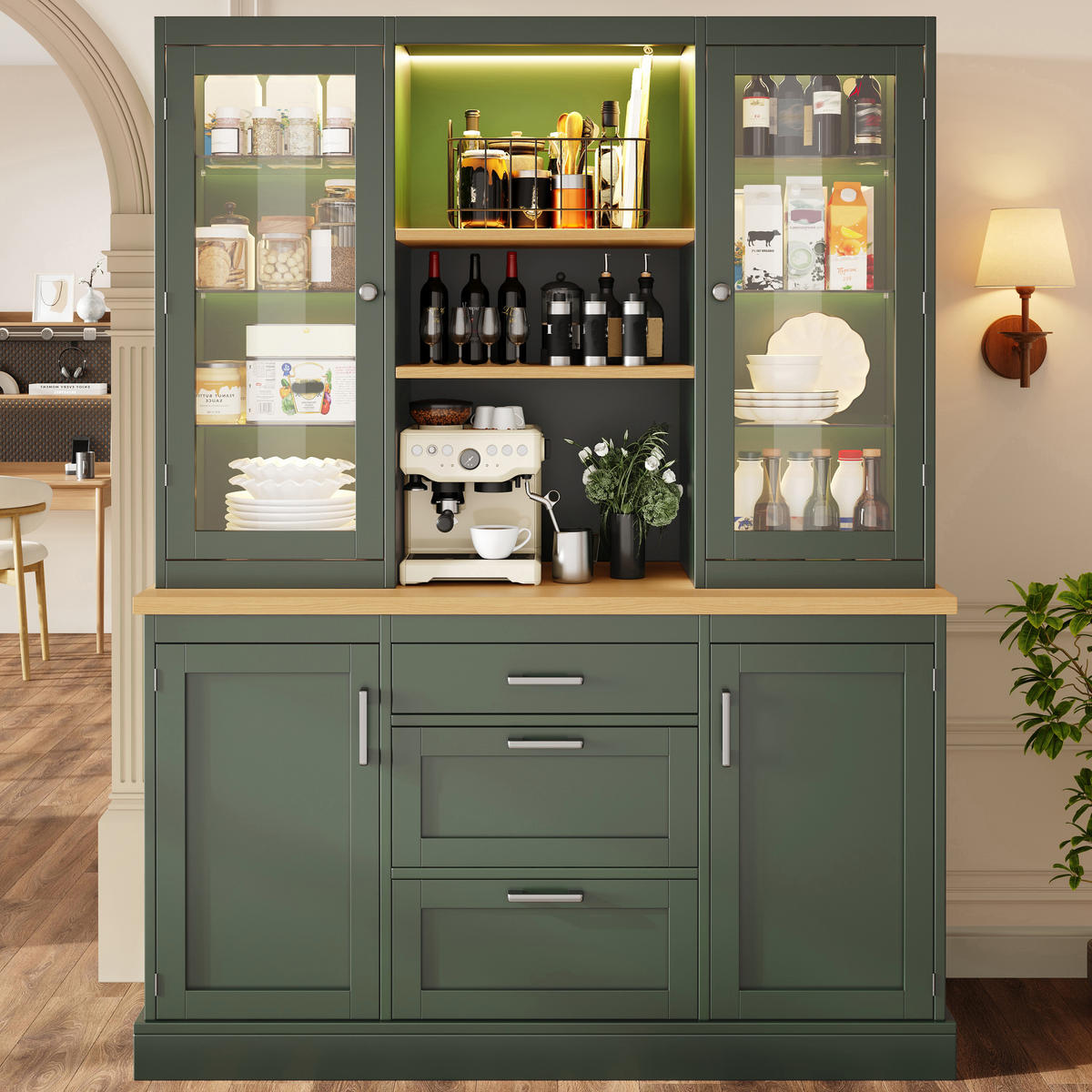 KÜCHENSCHRANK LED App 185x140x40Cm Arbeitsplatte - Grün, Holzwerkstoff (140/185/40cm) - FLIEKS