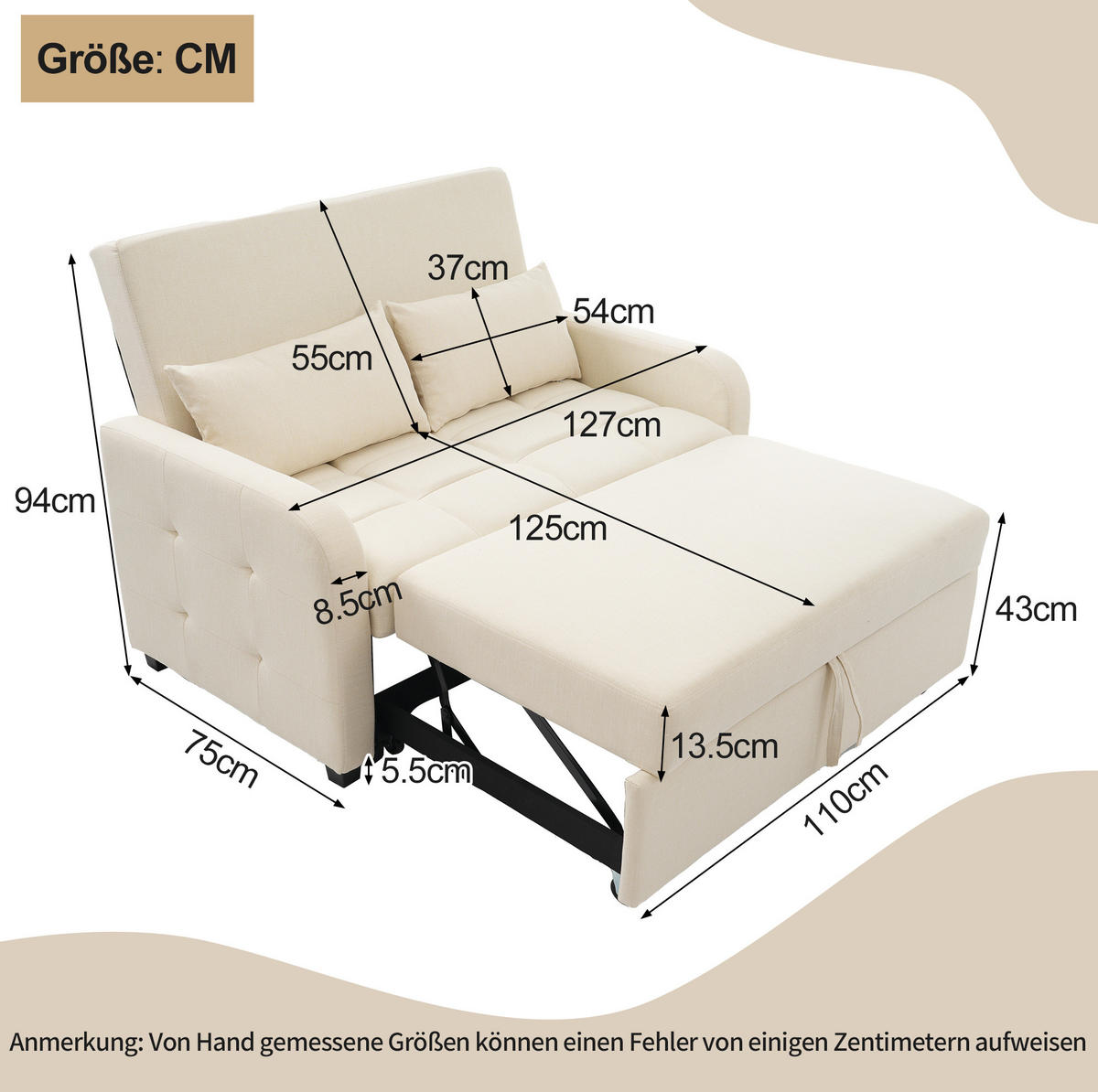 SCHLAFSESSEL 127/75/94 cm in Beige mit Schlaffunktion und 3-fach verstellbarer Lehne - Beige, Kunststoff (127/94/75cm) - Flora Grace