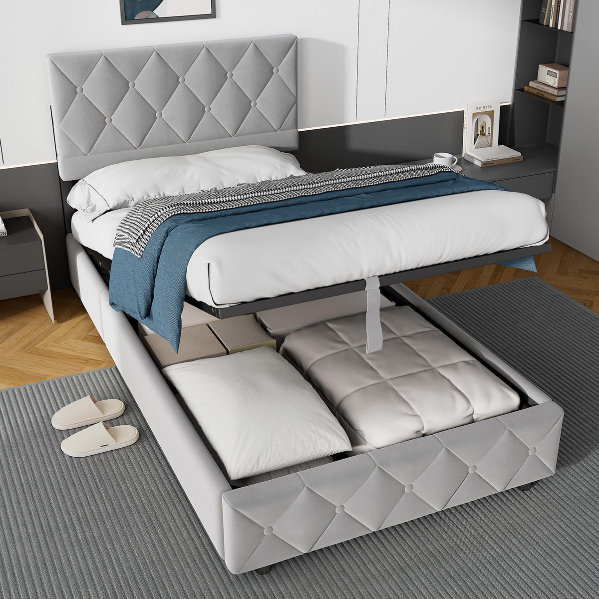 POLSTERBETT 90/200 cm in Grau Samt mit Bettkasten, hydraulischem Doppelhub-System und Lattenrost - Grau, Holzwerkstoff/Textil (90/200cm) - CHICFURN