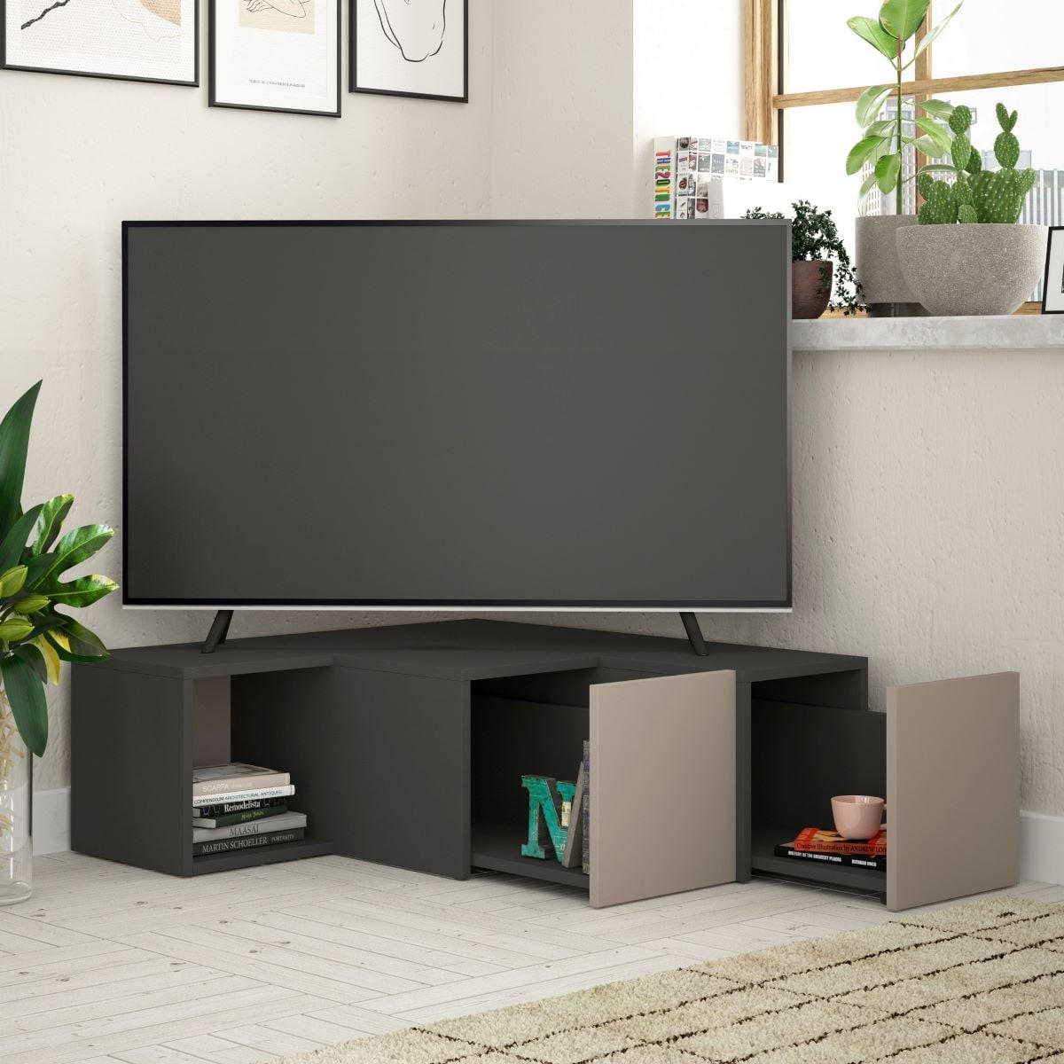 ECK-TV-MÖBEL mit 2 Schubladen und 1 Nische L90 cm - Compact - Anthrazit, Holzwerkstoff (92/32/90cm) - Calicosy