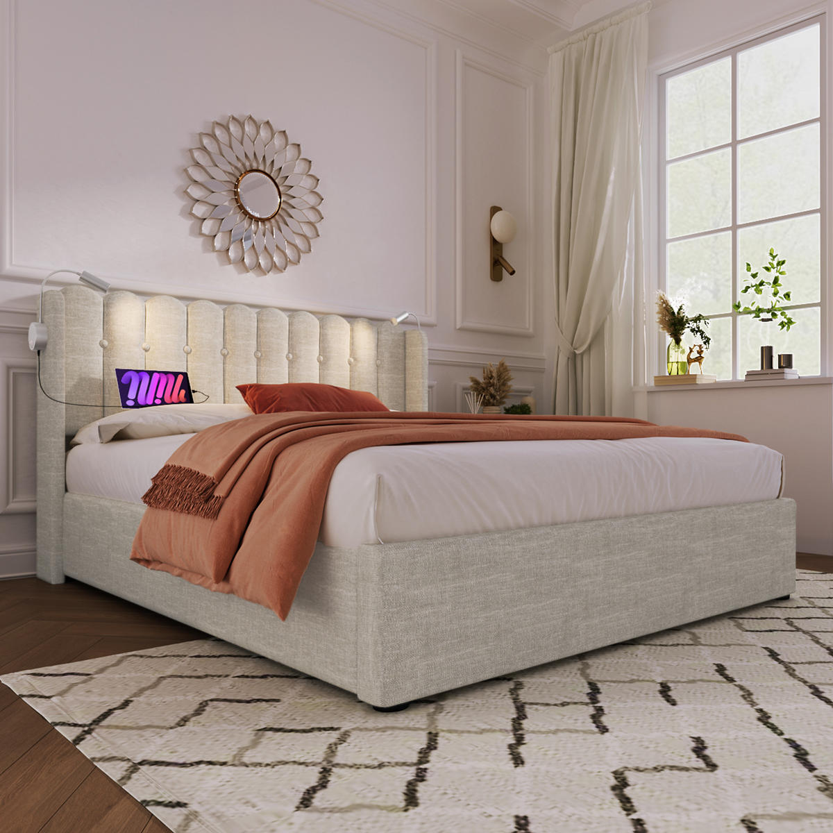 POLSTERBETT 140/200 cm Beige mit Leselicht und Ladefunktion Mit Matratze - Beige, Textil (140/200cm) - OKWISH