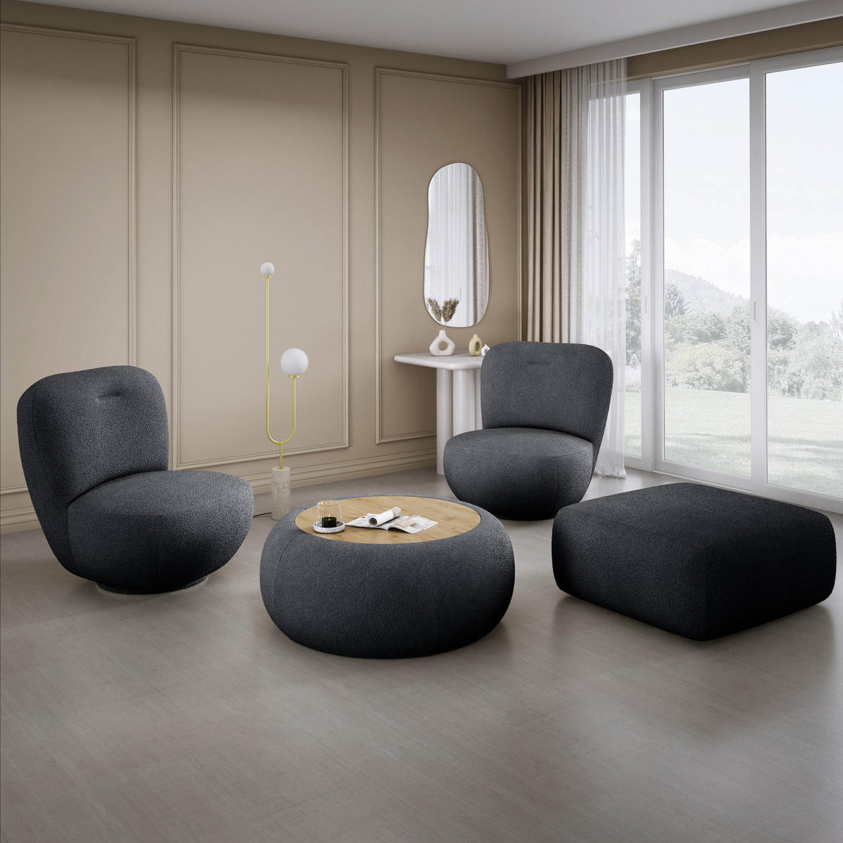 DREHSESSEL LUIS, Freistehend, Sitz drehbar 360°, 39x82x56 cm, SCHWARZ - Schwarz, Holz/Textil (82/72/66cm) - DomoHome