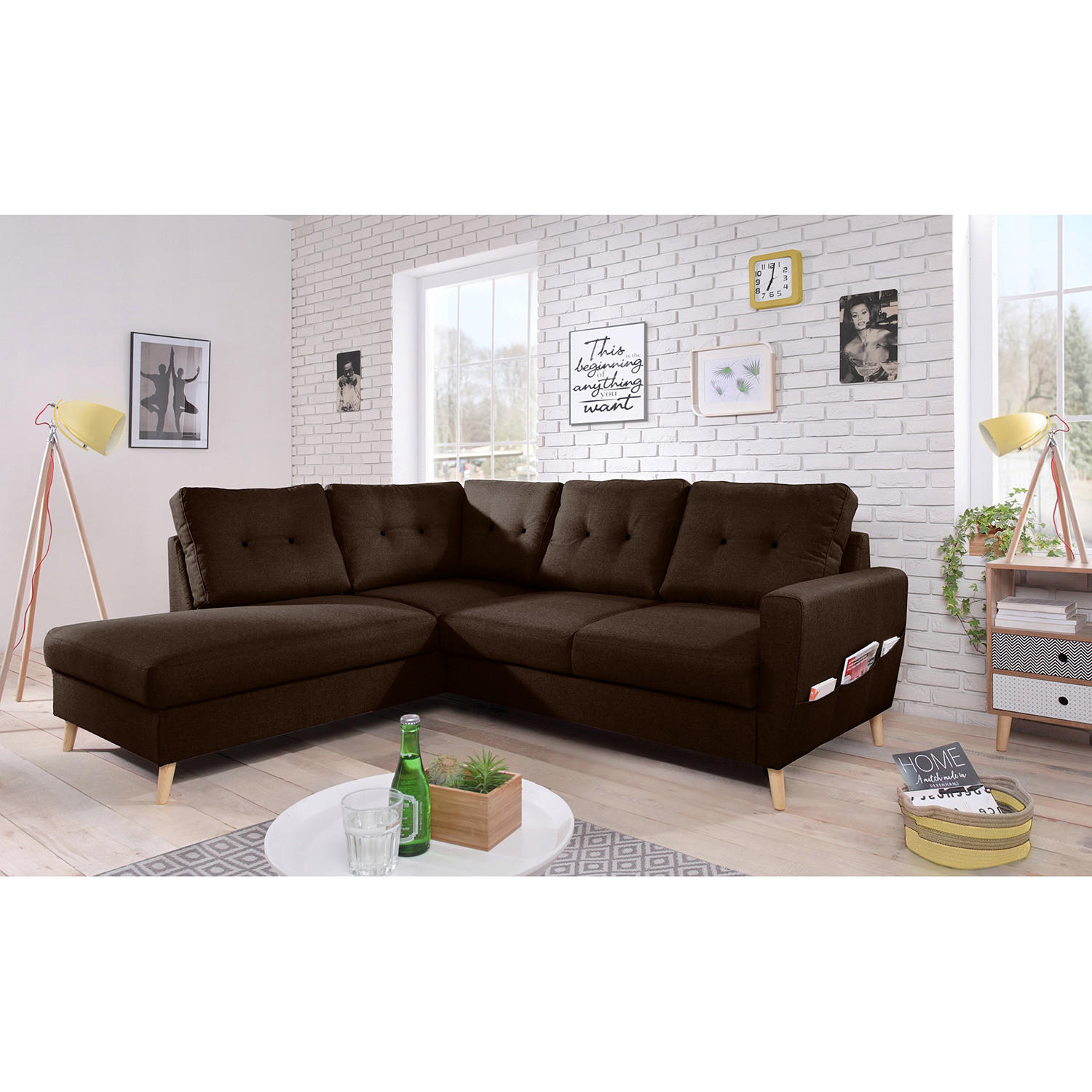 ECKSOFA mit Ottomane - Webstoff - Hellbraun/Dunkelbraun, Textil (230/200cm) - home24