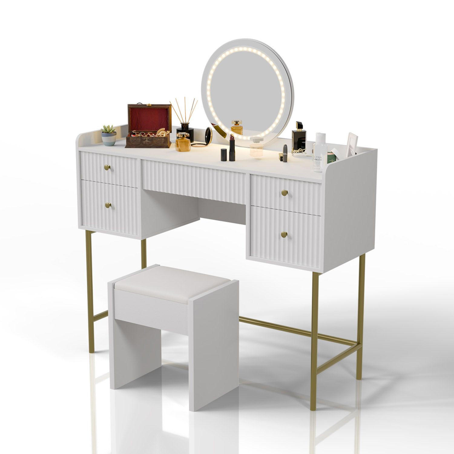 SCHMINKTISCH Samira weiß/gold mit Touch-LED-Spiegel und Hocker Melly - Weiß, Holz (115/137/40cm) - Juskys