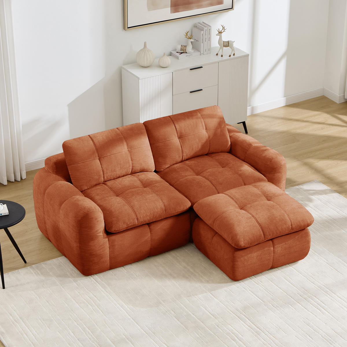 2-SITZER-SOFA mit 1 Hocker, minimalistisch, Chenille-Orange - Orange, Textil (160/68/194cm) - KOMHTOM