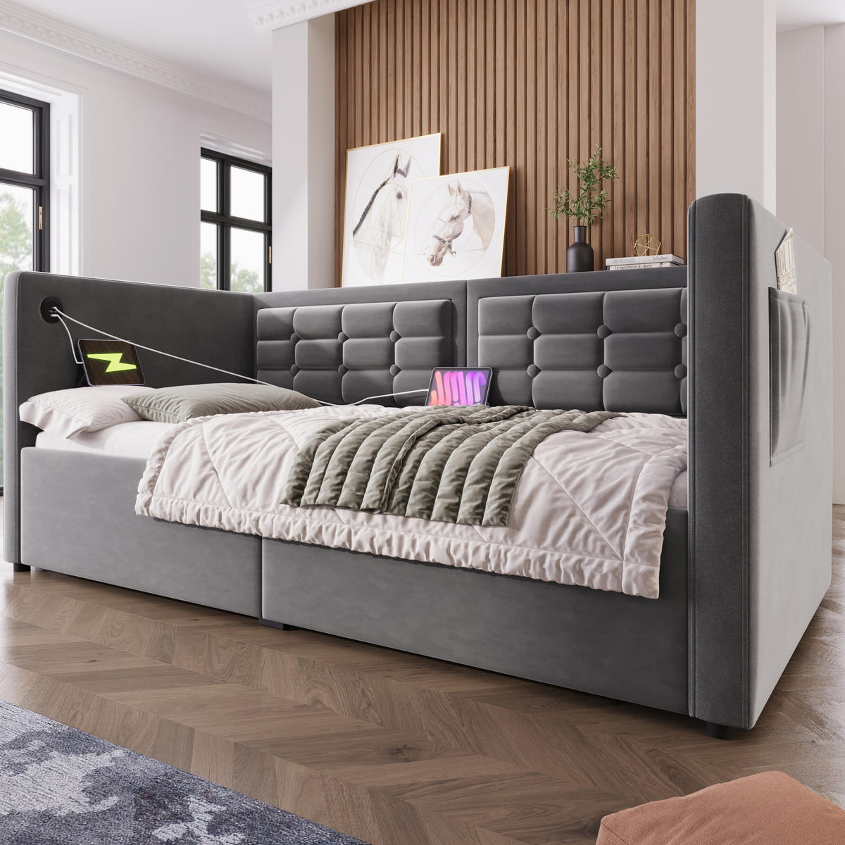 POLSTERBETT aus Samt 90x200 cm in Grau mit Stauraum & Ladestation - Grau, Textil (90/200cm) - Modfu