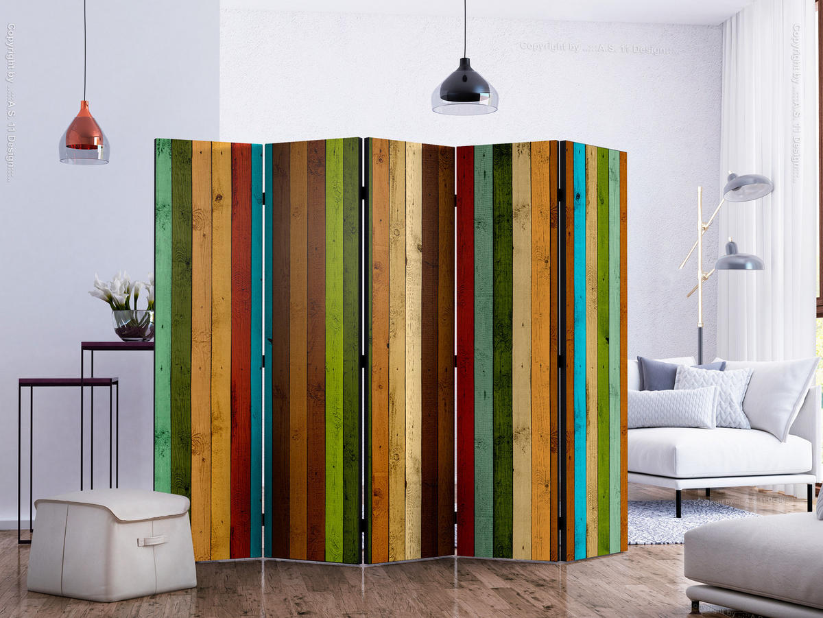 PARAVENT Beidseitig Bedruckter 5-tlg 225x172 cm Holz Regenbogen - Multicolor, Holz/Textil (225/172/3cm) - Muralo