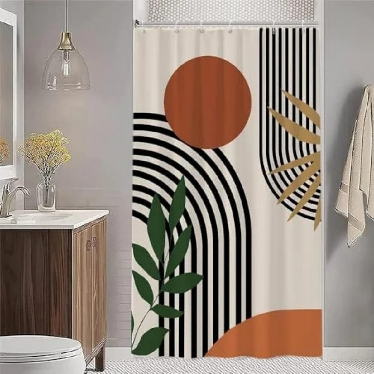 DUSCHVORHANG 120 x 180 cm Terrakotta Schwarz geometrisch modern minimalistisch schimmelresistent wasserdicht waschbar - Orange, Textil (180/120cm) - MCBOSON