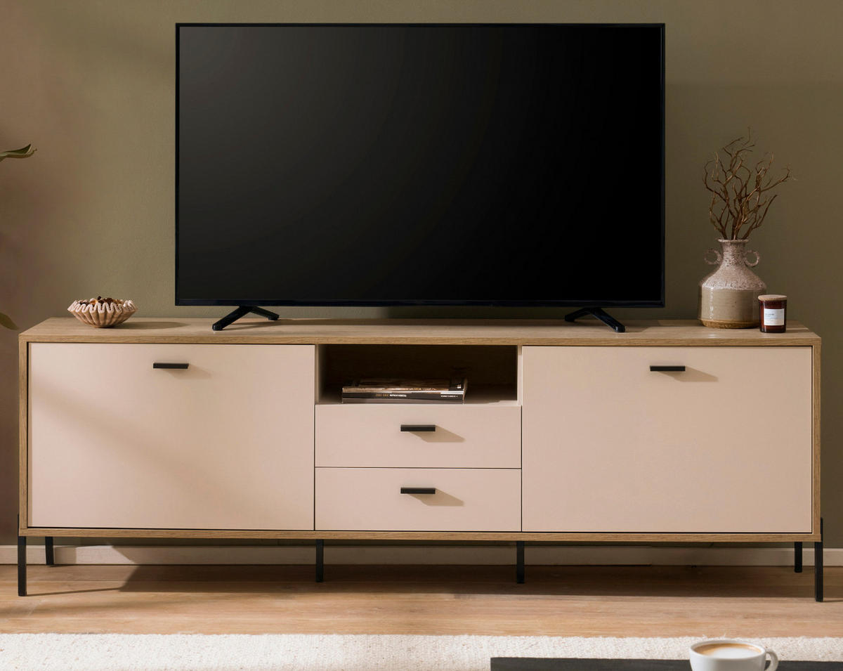 TV-LOWBOARD Kaschmir, Eiche 195 x 64 cm, TV Unterteil mit Soft-Close, Komforthöhe - Kaschmir/Eichefarben, Holzwerkstoff/Metall (195/64/40cm) - Furn.Design