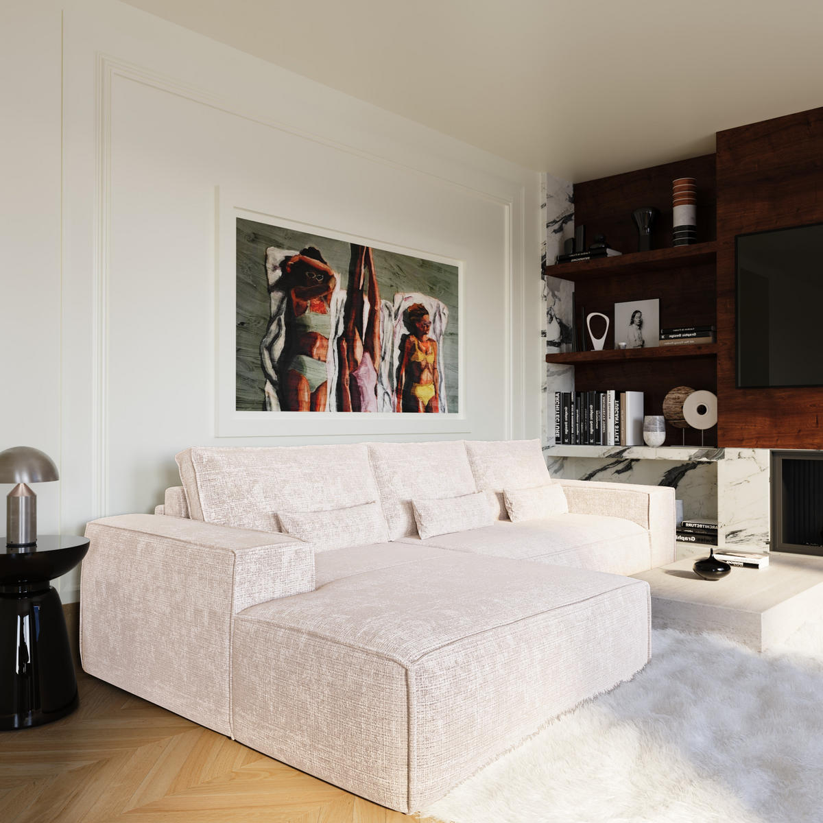SCHLAFSOFA Express JUNE Geprägter Samt Creme 320cm - Creme, Textil (320/165cm) - Premium Interiors