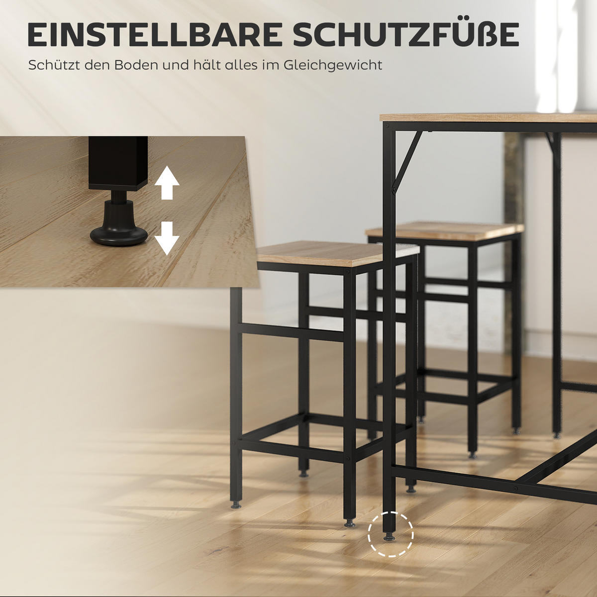 BARTISCH-SET Stehtisch mit 4 Barhockern 5-teiliges Tischset Stahl Eiche - Eichefarben, Kunststoff (60/88/100cm) - HOMCOM