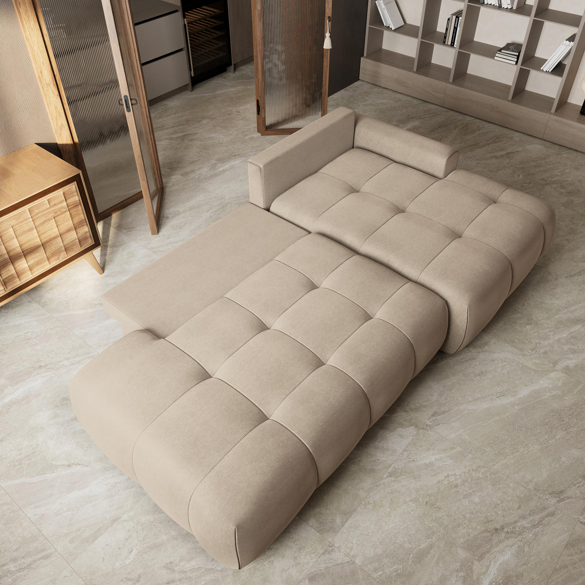 ECKSOFA FLUMA CL R-S Beige Samtstoff mit Schlaffunktion - Beige, Holzwerkstoff/Textil (279/158cm) - MASSENO