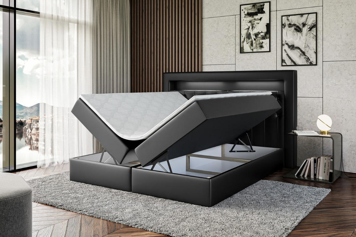 BOXBETT LED mit H4-Matratze und Lattenrost - NOEL GOLD - 140x200 Schwarz Hochglanz - Schwarz Hochglanz, Holzwerkstoff (140/200cm) - ALTDECOR