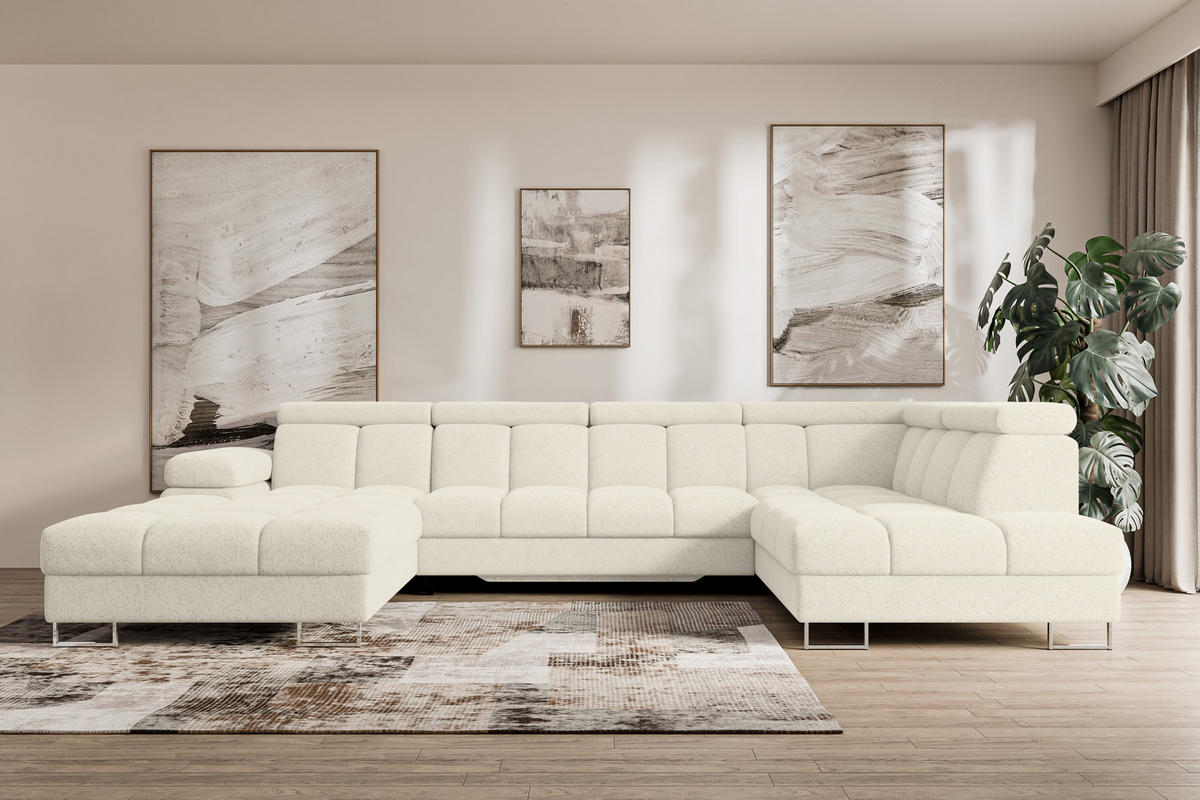 WOHNLANDSCHAFT mit Schlaffunktion und Bettkasten Ottomane RECHTS COMA U 345x203x79 Creme Velours - Creme, Holzwerkstoff/Textil (203/79/345cm) - ALTDECOR
