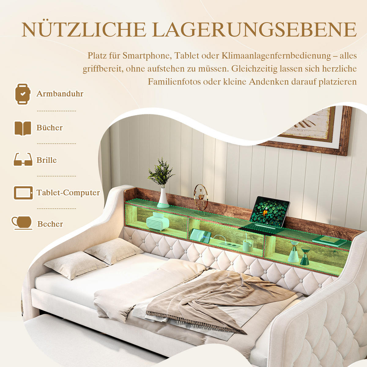 POLSTERBETT aus Samt 90x190 cm in Beige mit Stauraum, LED & USB-C - Beige, Textil (90/190cm) - Modfu