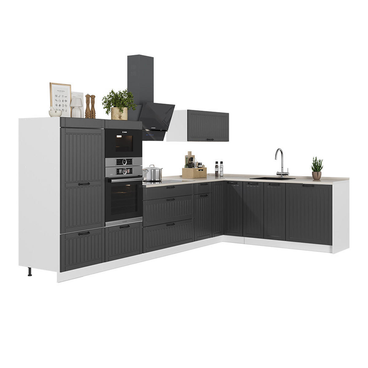 HÖRNKÖK Fame-Line, Mörkgrå/Vit, 347 x 207 cm utan bänkskiva - Vit/Mörkgrå, Träbaserade material (347/153.6/51.6cm) - Vicco