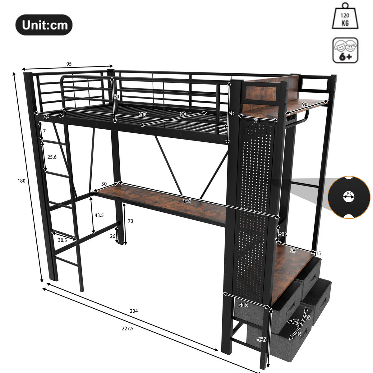 HOCHBETT mit Schreibtisch 90/200 cm in Schwarz – mit Stauraum, LED und Leiter - Schwarz, Metall (90/200cm) - BEAOK