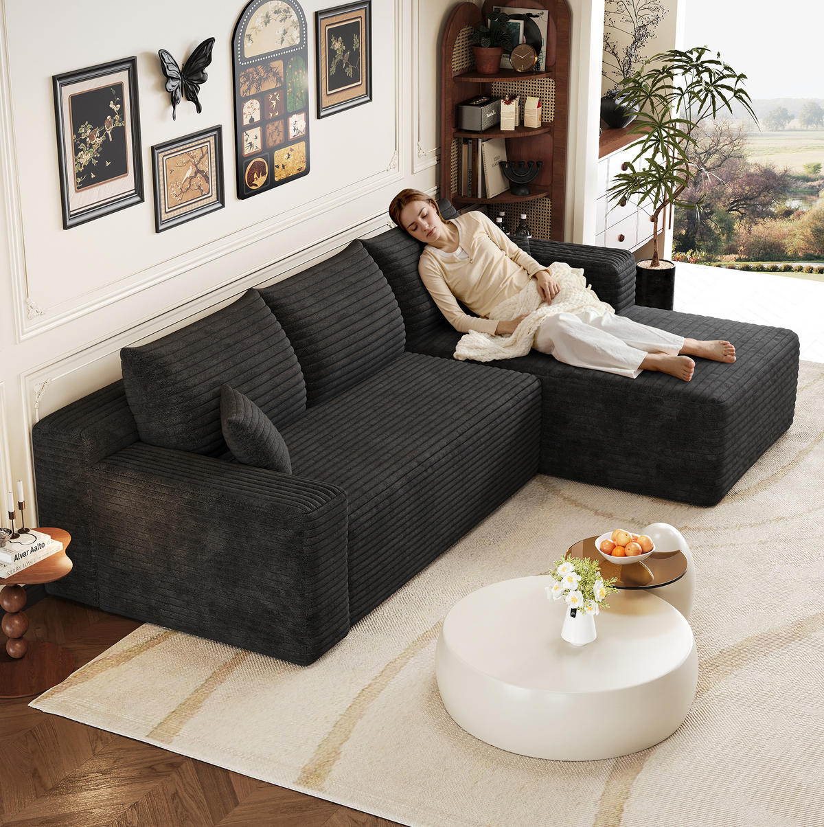 ECKSOFA 241 cm aus Stoff mit Cordbezug und ohne Montage Schwarz - Schwarz, Textil (151/241cm) - Modenvie