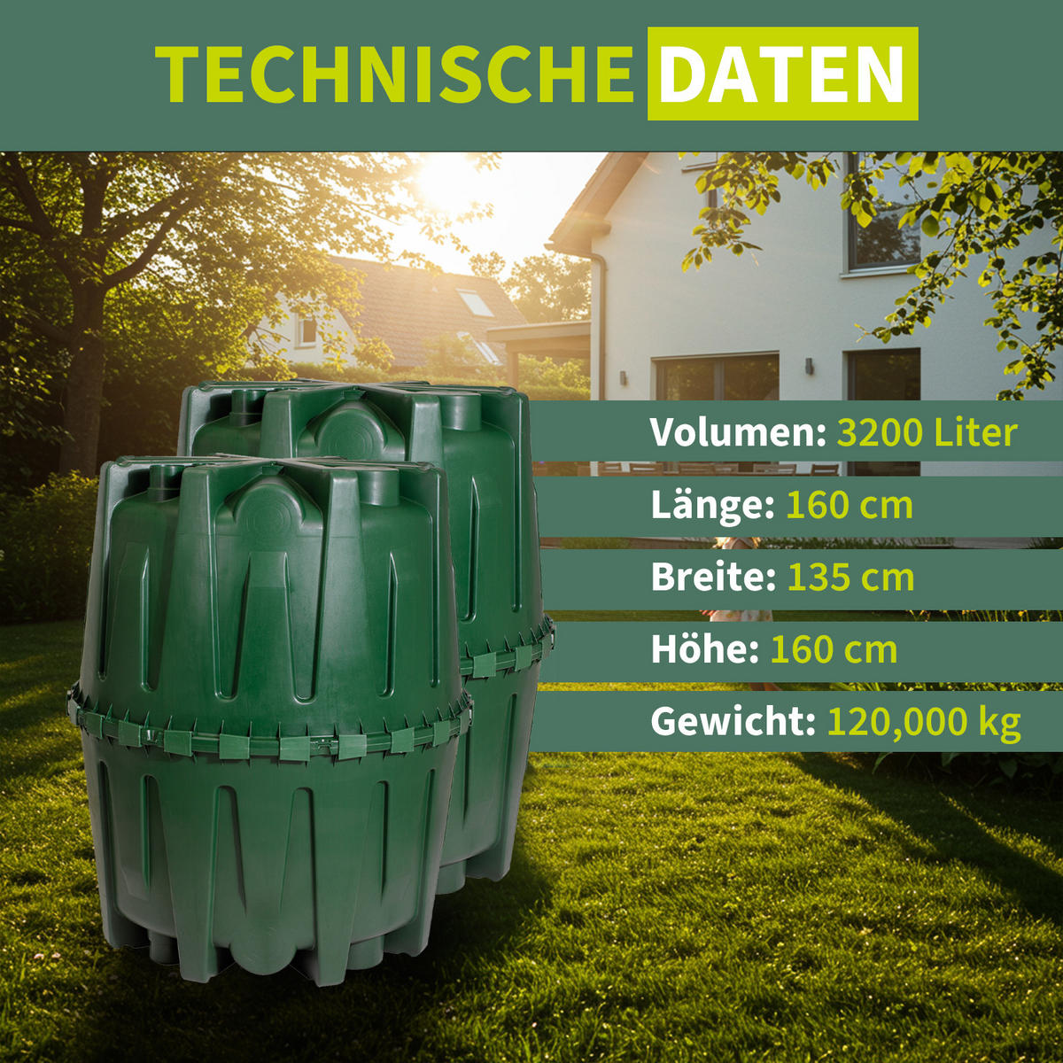 REGENWASSERTANK-SET 3200 L - Grün, Kunststoff (135/160/135cm) - 4rain