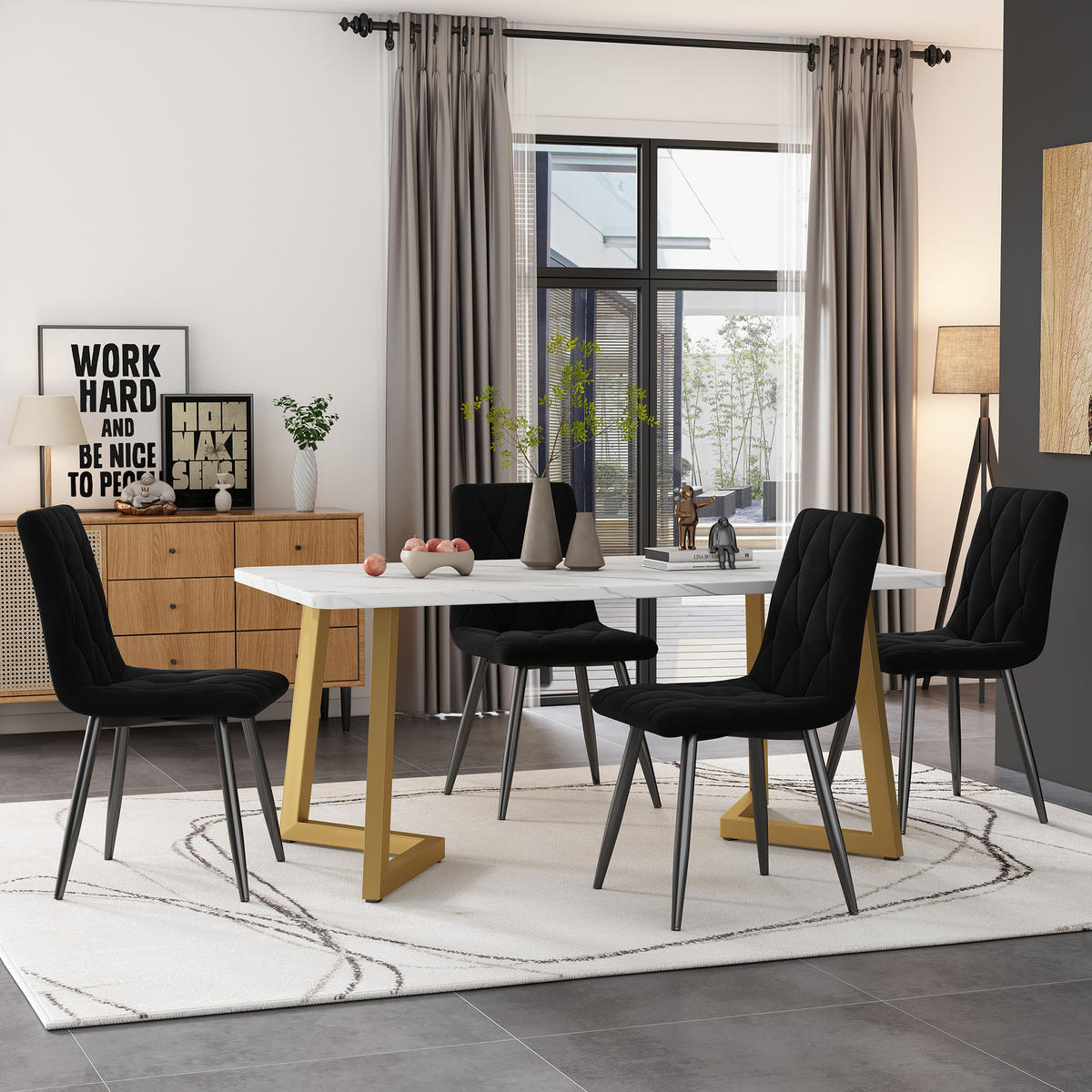 ESSGRUPPE 5-teilig mit Marmoroptik-Esstisch 117×68 und vier schwarzen Samtstühlen als modernes rechteckiges Küchenset, weiß-schwarz - Schwarz, Holzwerkstoff (68/75/117cm) - Luhomfu