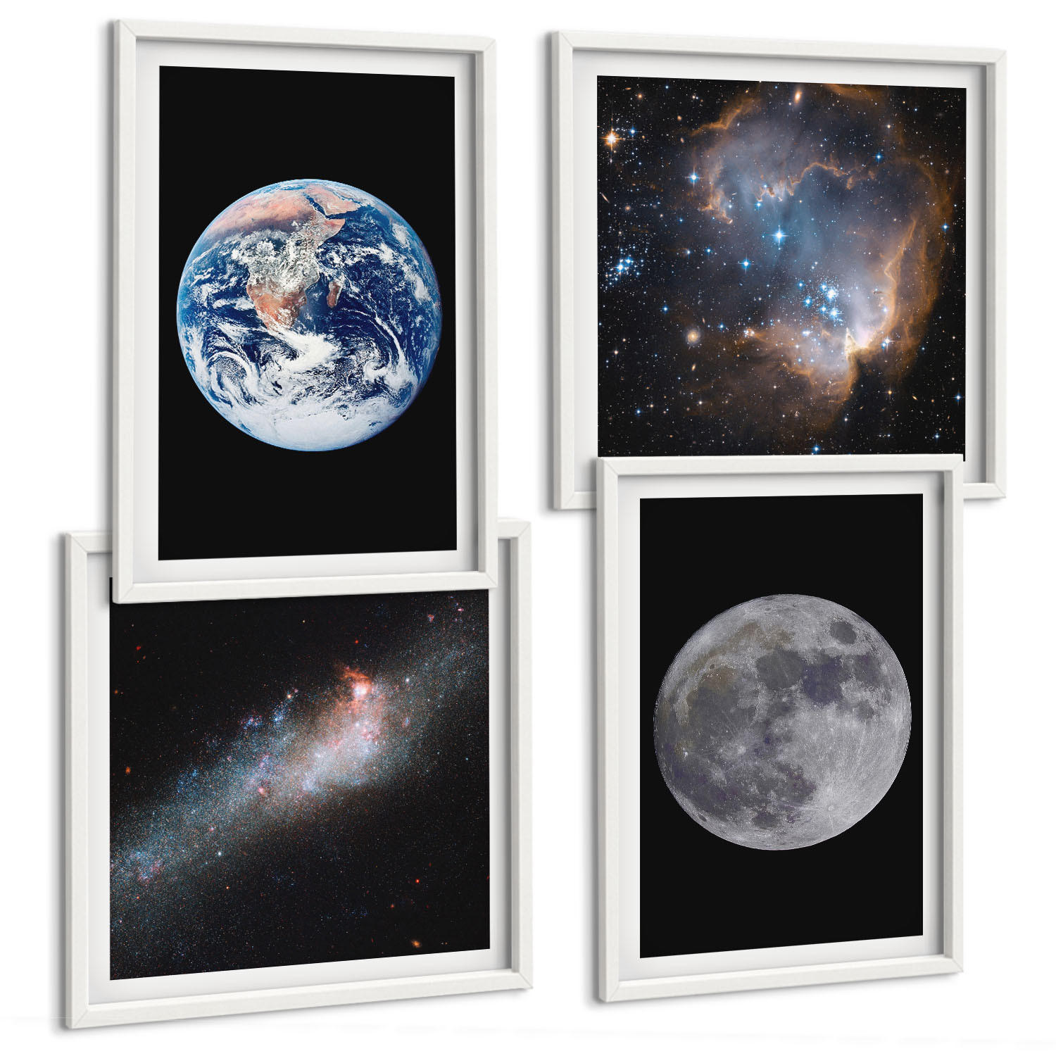 BILDER SET 4er Set - 50x50 cm & 40x60 cm Weißer Rahmen - Galaxie Weltraum Mond - Weiß, Kunststoff (50/50cm) - TULUP