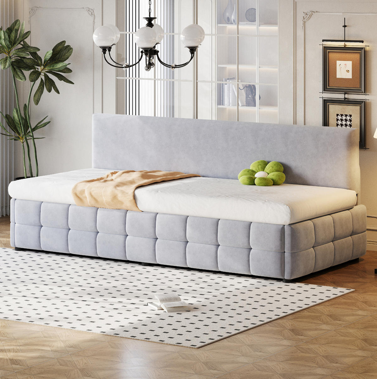 ČALÚNENÁ posteľ 90x200 cm zo zamatu svetlosivá s hydraulickým úložným priestorom, opierkou a lamelovým roštom - svetlosivá, textil (90/200cm) - Modfu