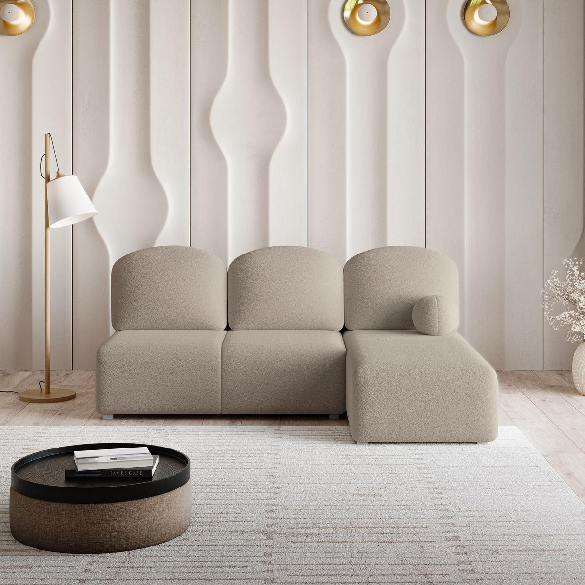 ECKSOFA TRAMA Beige Boucle-Stoff mit Schlaffunktion - Beige, Holz (200/143cm) - MASSENO