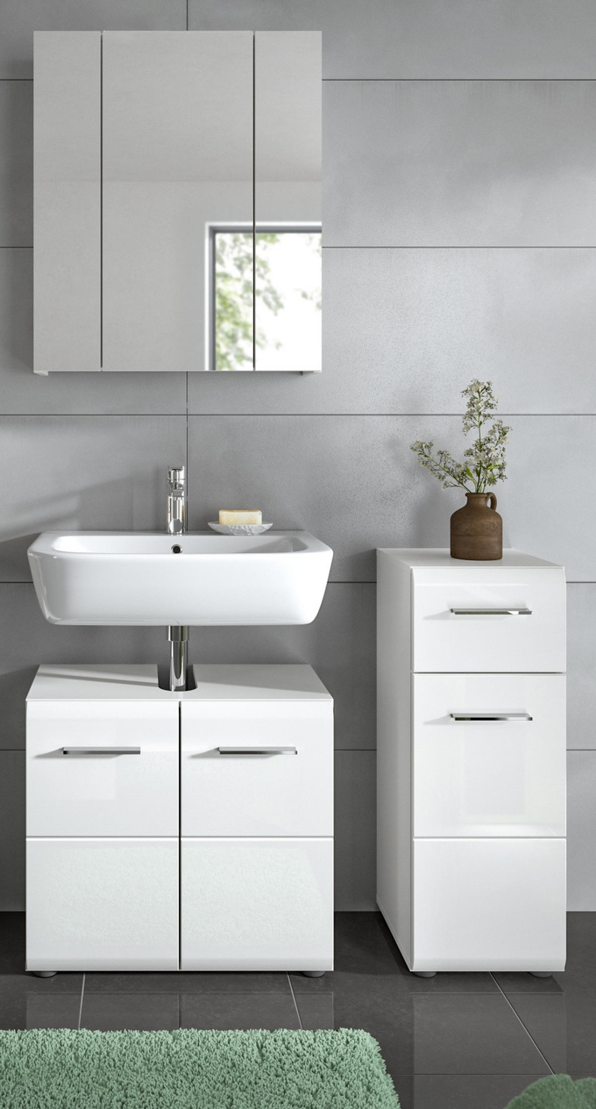 BADMÖBEL-SET 3-teilig weiß Hochglanz, Badkombination 105 x 185 cm - Weiß Hochglanz/Silberfarben, Glas/Holzwerkstoff (105/185/30cm) - Inn.Furn