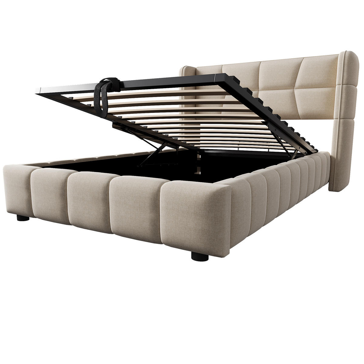 POLSTERBETT 90/200 cm beige aus Stoff mit Stauraum und Hebemechanismus - Beige, Textil (90/200cm) - OKWISH