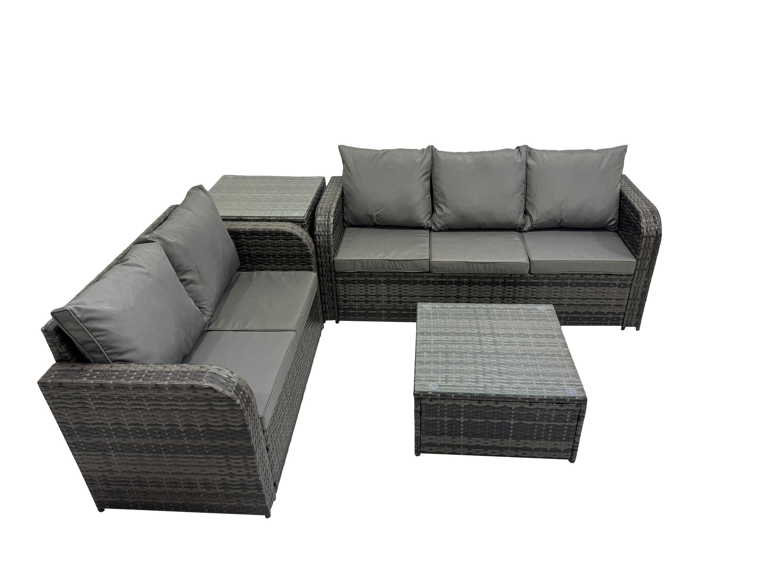 GARTENSOFA SET mit Couchtisch Polyrattan Dunkelgrau 5-teilige - Dunkelgrau/Grau, Glas/Kunststoff - Fimous