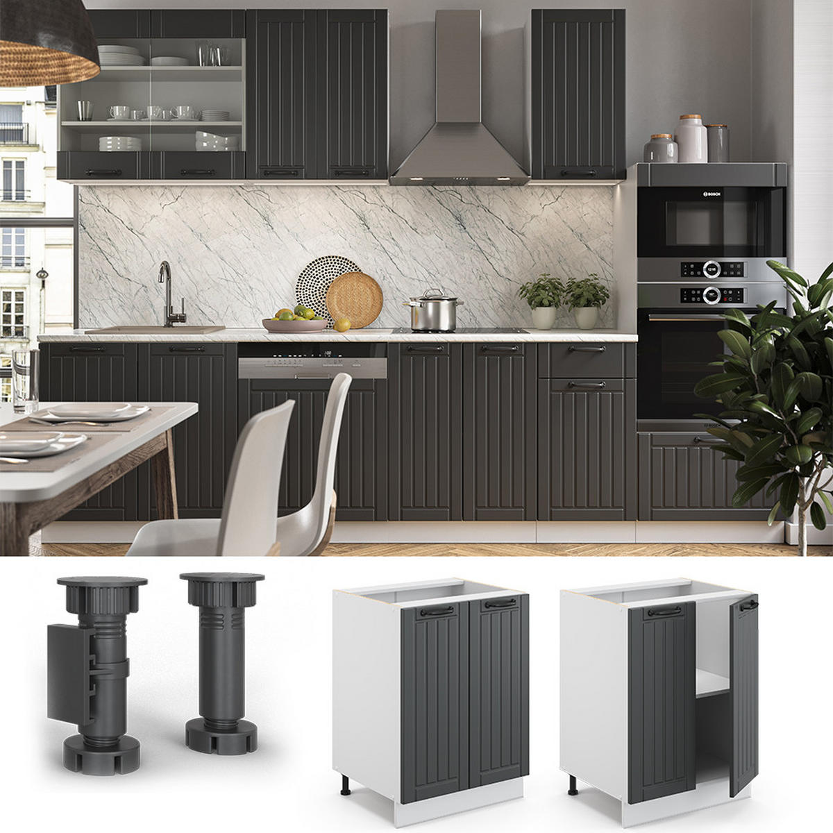 KÜCHENUNTERSCHRANK Fame-Line Anthrazit Landhaus 60 cm, AP Anthrazit - Dunkelgrau/Anthrazit, Holzwerkstoff (60/82/60cm) - Vicco