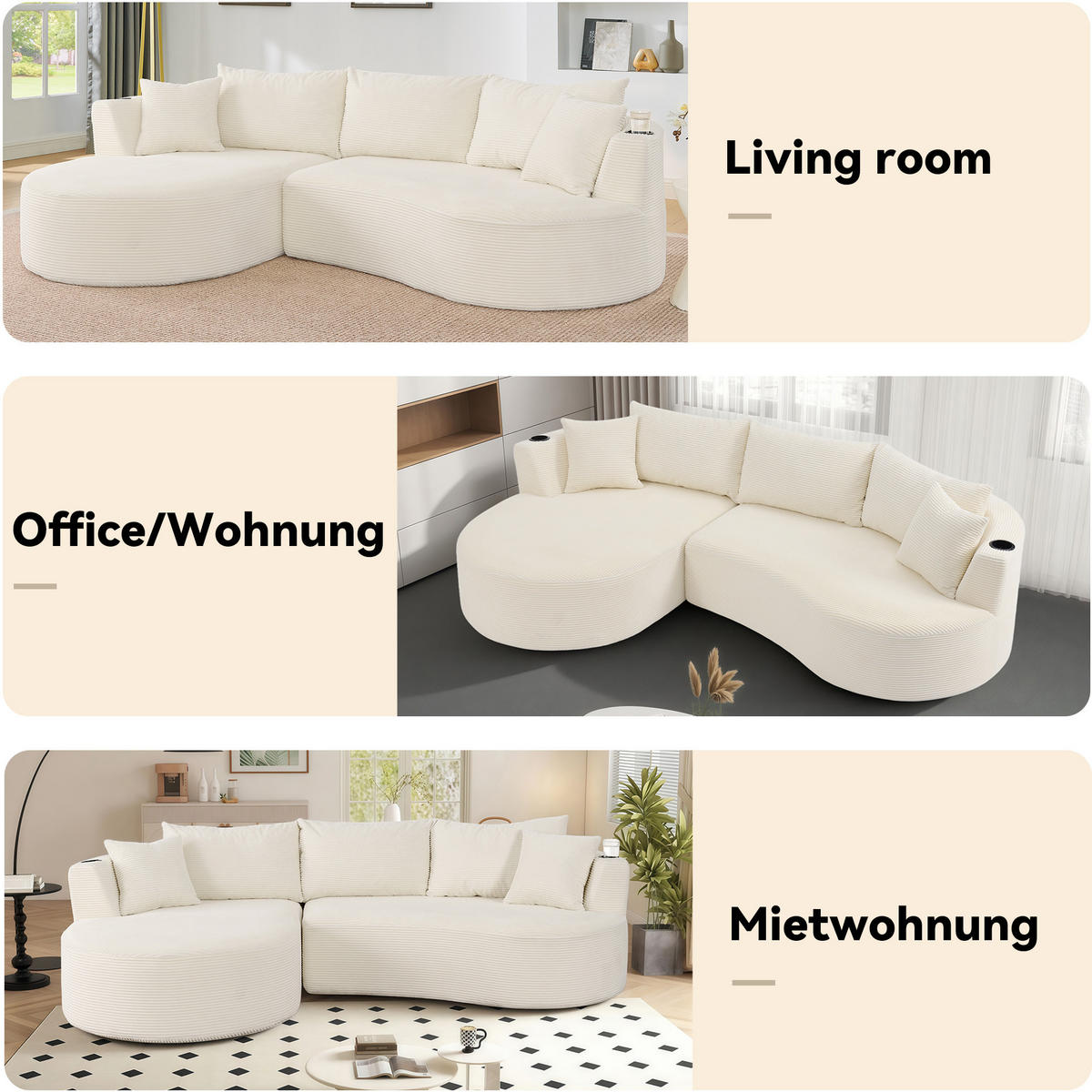 3-SITZER ECKSOFA Cord Beige mit Getränkehaltern und Kissen - Beige, Textil (264/168cm) - WISHDOR