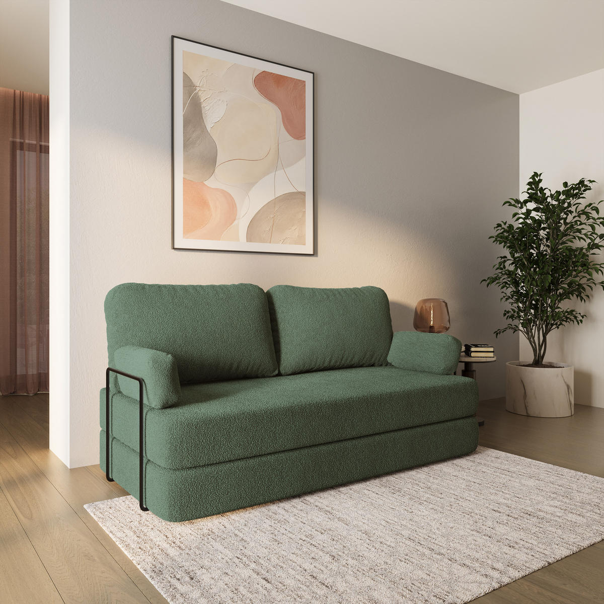 BETTSOFA NIKSI aus Schaumstoff Bucle-Stoff Grün Schlaffunktion - Grün, Textil (170/86/80cm) - MASSENO