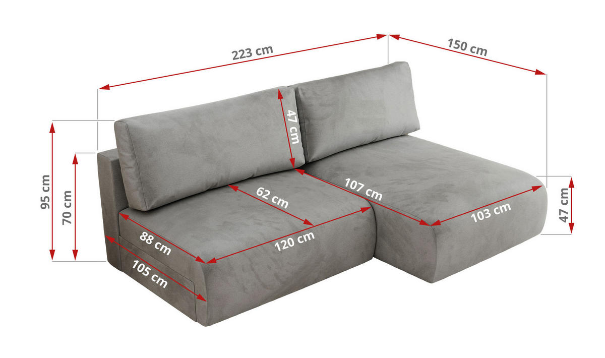 ECKSCHLAFSOFA VIVO L Hellgrau Velvet - links - Hellgrau/Schwarz, Kunststoff/Textil (223/150cm) - MKS
