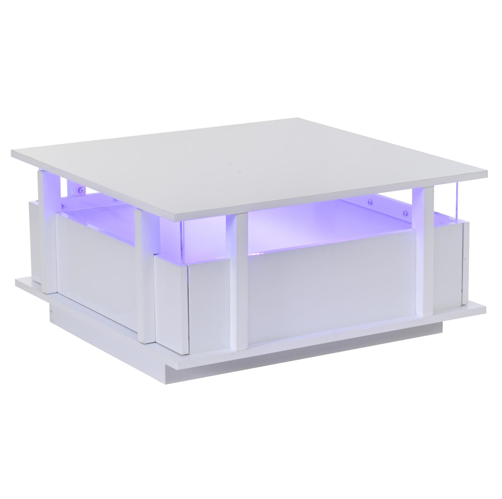 KONFERENČNÍ stolek 70/70/35 cm bílý vysoký lesk s LED osvětlením a 2 zásuvkami - bílá, kompozitní dřevo (70/70/35cm) - BEAOK