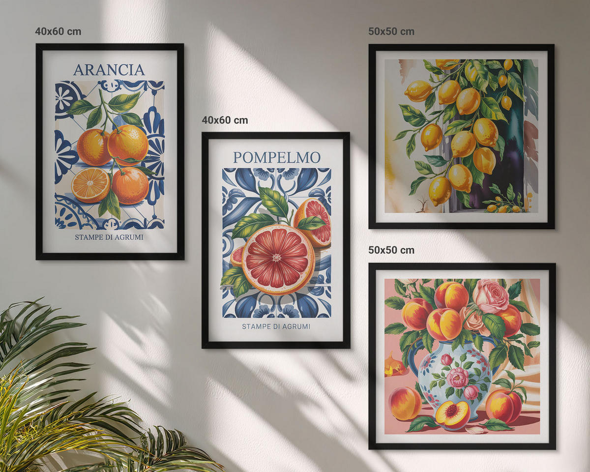 BILDER SET 4er Set - 50x50 cm & 40x60 cm Schwarzer Rahmen - Italienische Zitrus-Modeplakate - Schwarz, Kunststoff (50/50cm) - TULUP