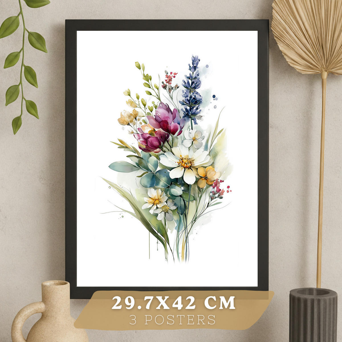 PLAKAT Sada 3 botanických uměleckých tisků. Květinové nástěnné umění. Květinové tisky. Velikost Bezrámové A3 - čirá, papír (29.7/42/3cm) - Nacnic