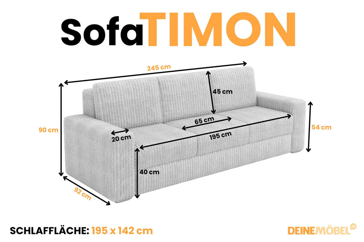 SOFA TIMON 245cm breit in Cord Hellgrau - Hellgrau, Holz/Holzwerkstoff (245/90/92cm) - Deine Möbel 24